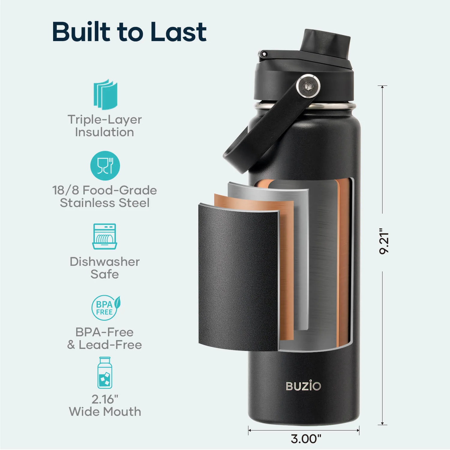 Insulated Water Bottle with 2 Lids | Black | 24oz - Image 6