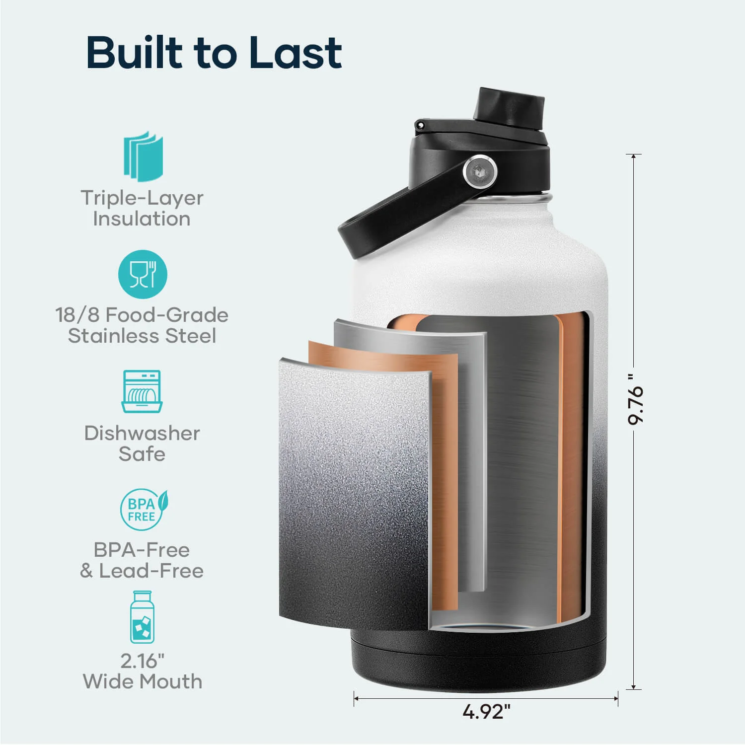 Insulated Water Bottle With 2 Lids | 64oz | Day & Night - Image 5