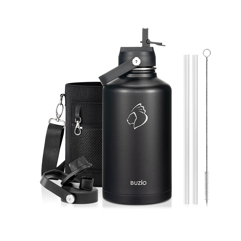 Insulated Water Bottles with 2 Lids | Black | 64oz