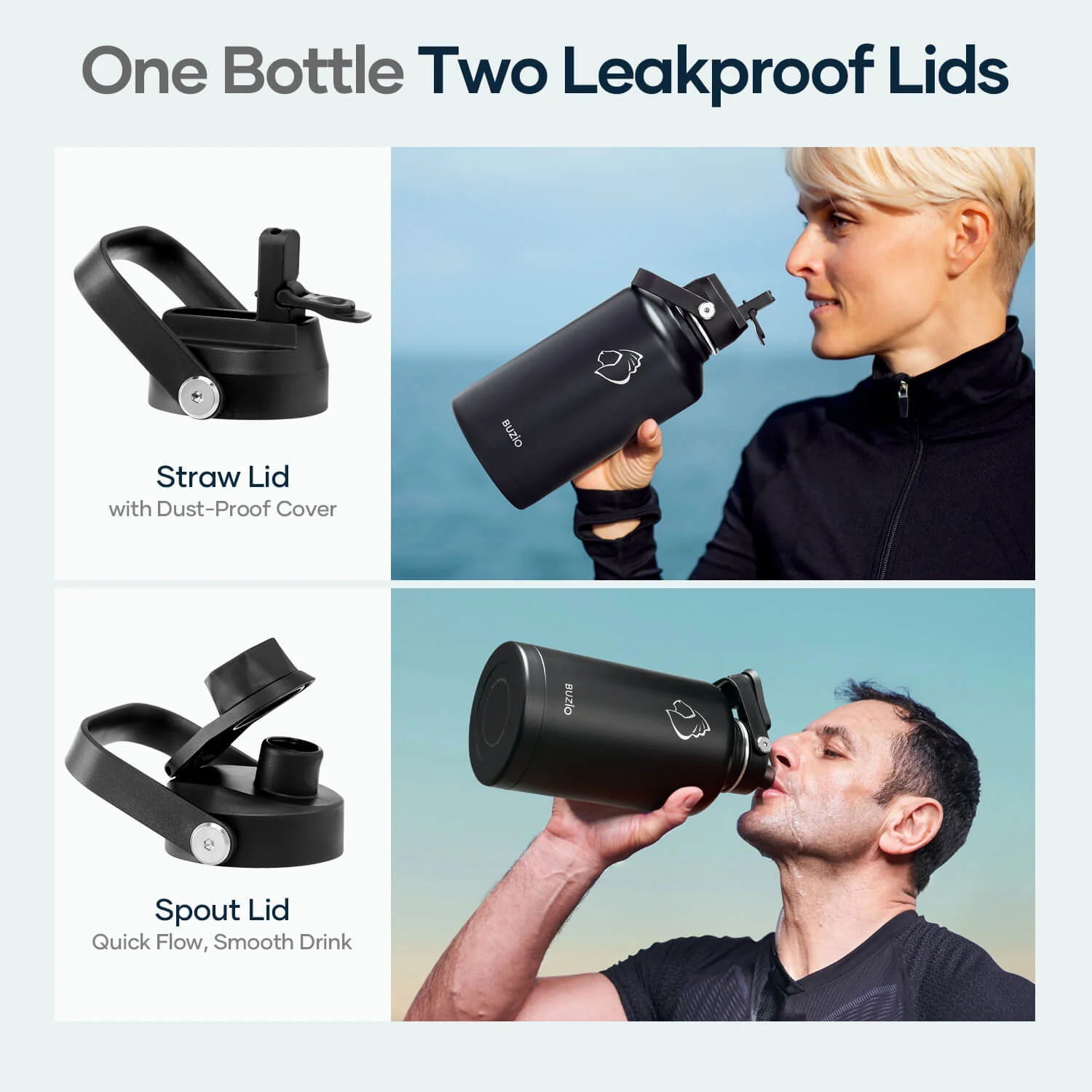 Insulated Water Bottles with 2 Lids | Black | 64oz - Image 7