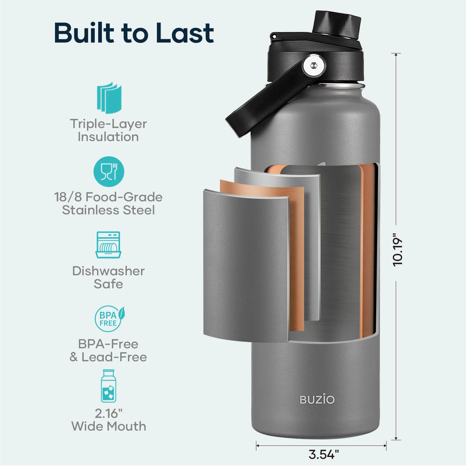 Insulated Water Bottles with Straw Lid | 40oz | Graphite - Image 5
