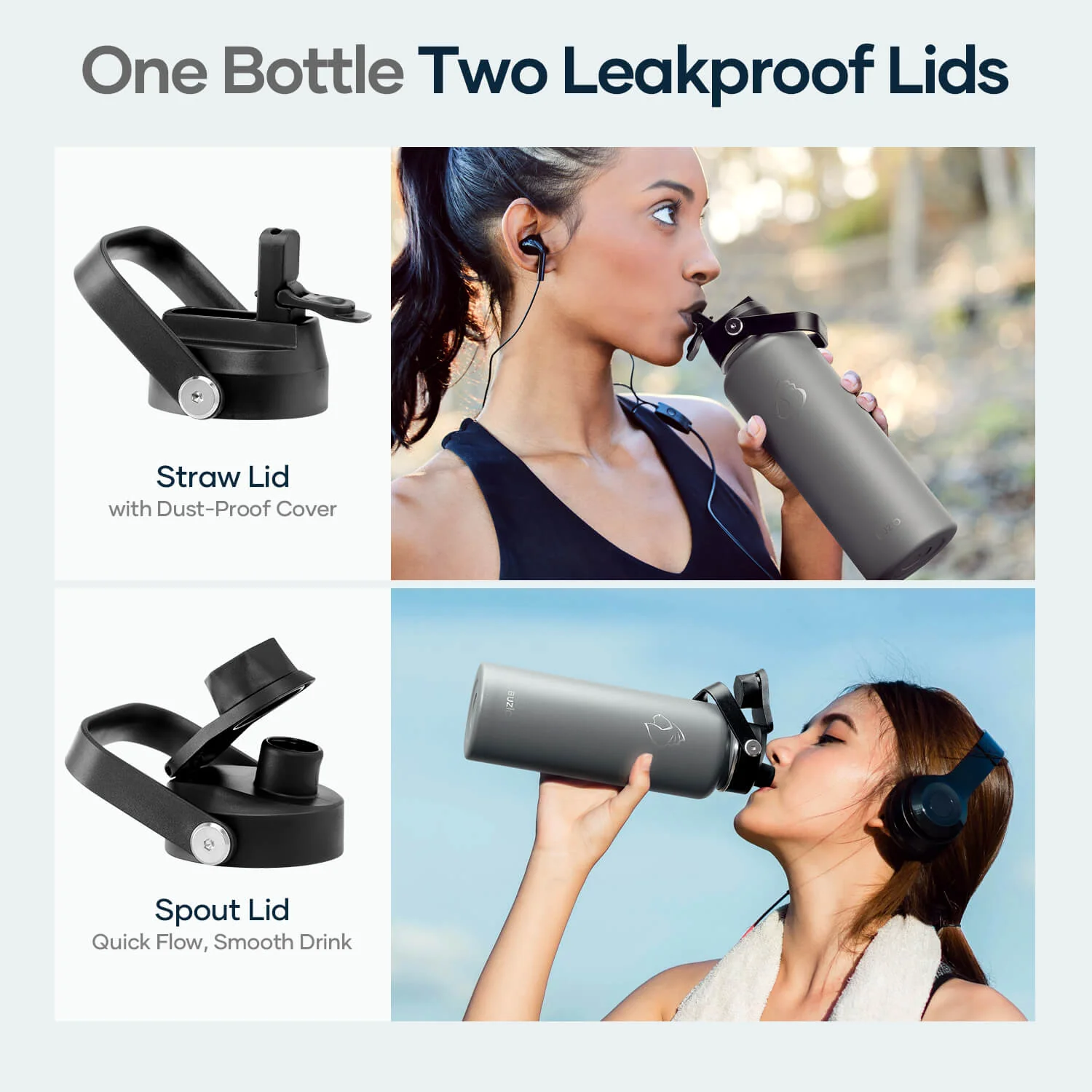 Insulated Water Bottle with 2 Lids | 40oz| Graphite - Image 6